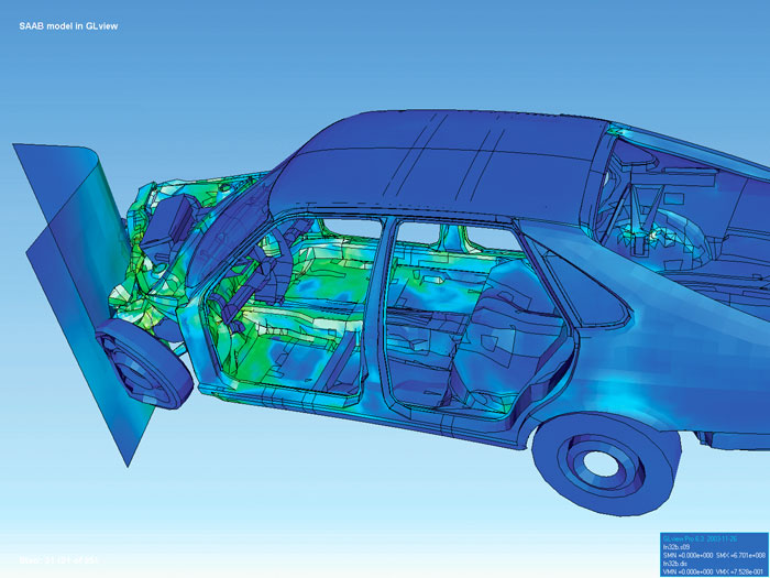 A visualization of an asymmetrical collision analysis using the finite element analysis method.
