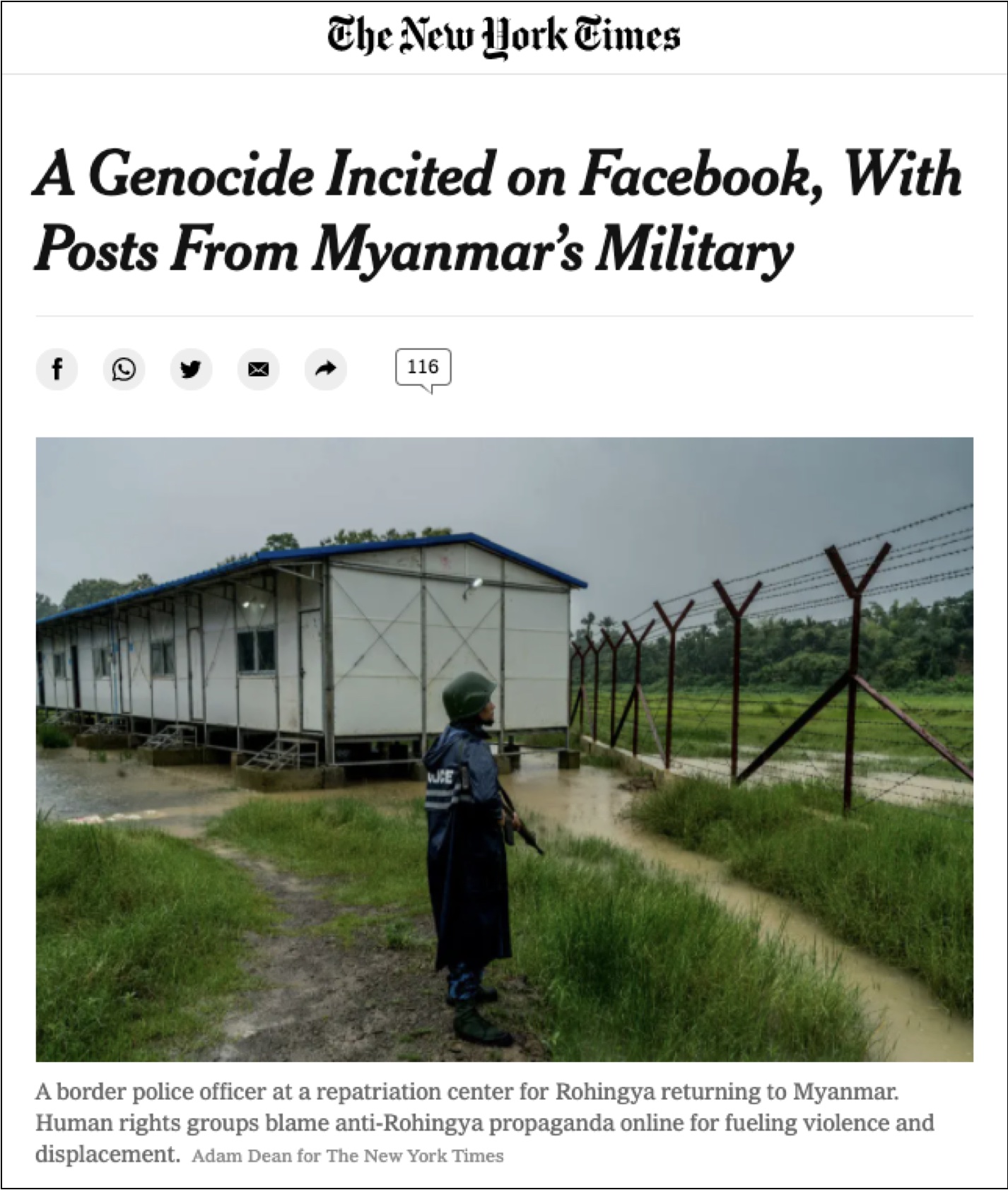 Headline of the article published in The New York Times regarding the genocide of Rohingya people in Myanmar.